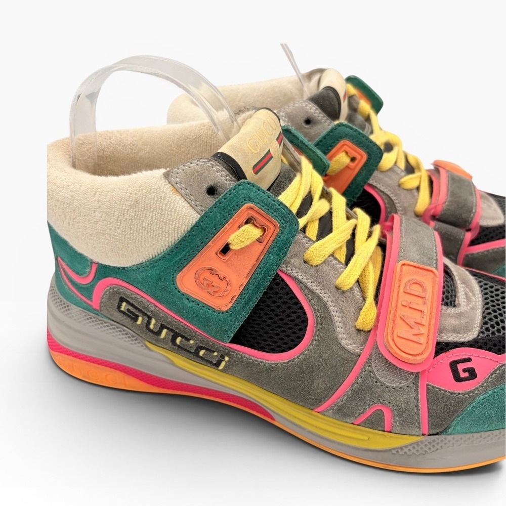 Gucci Ultrapace Mid Top Sneakers 40 Retro Neon Multi Color Suede Luxury Shoe - Picture 4 of 10